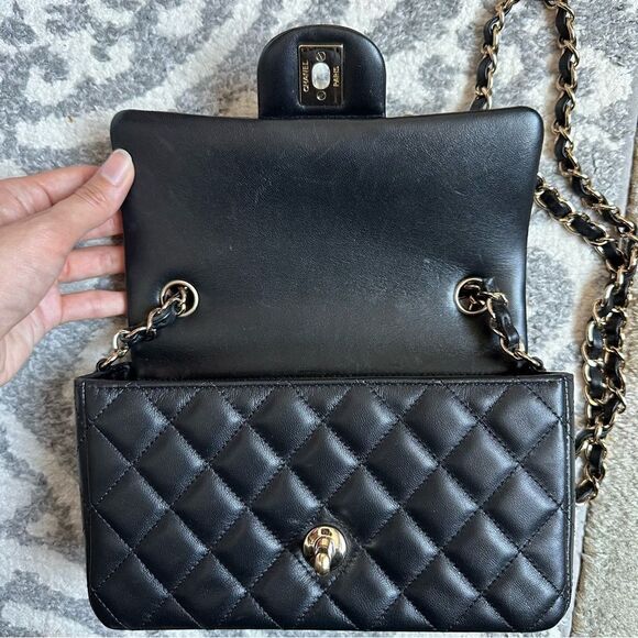 Chanel Black Lambskin Leather Mini Classic Rectangular Flap Light Gold Hardware - Picture 14 of 16
